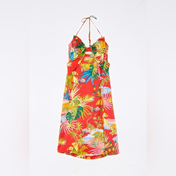 FARM RIO Tropical Jungle Bow Midi Dress Linen Red Floral Size Large - Picture 1 of 14